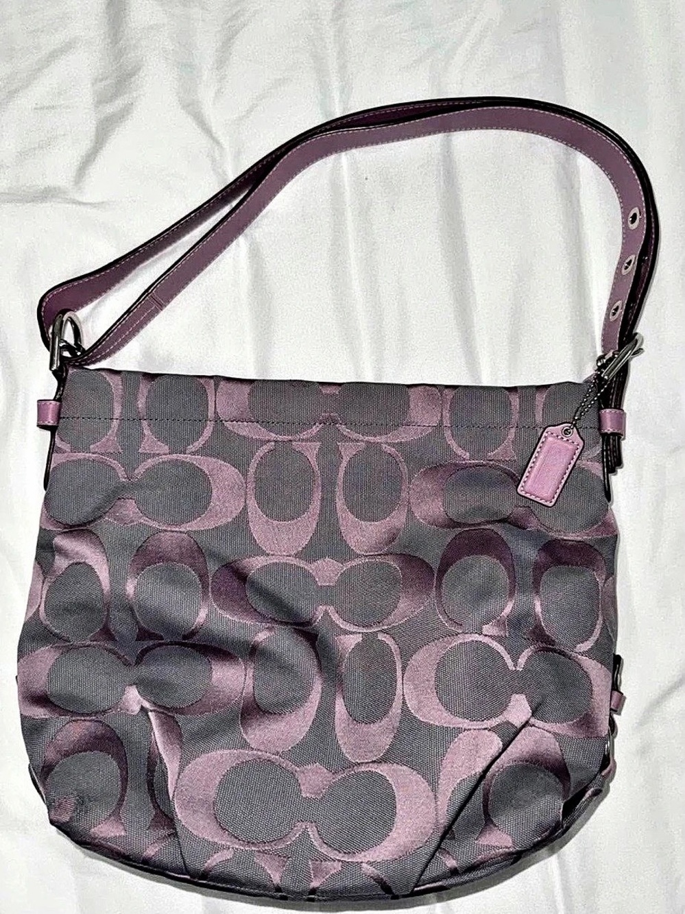 Coach Signature Duffle Hobo Bag Purple & Gray Patterned